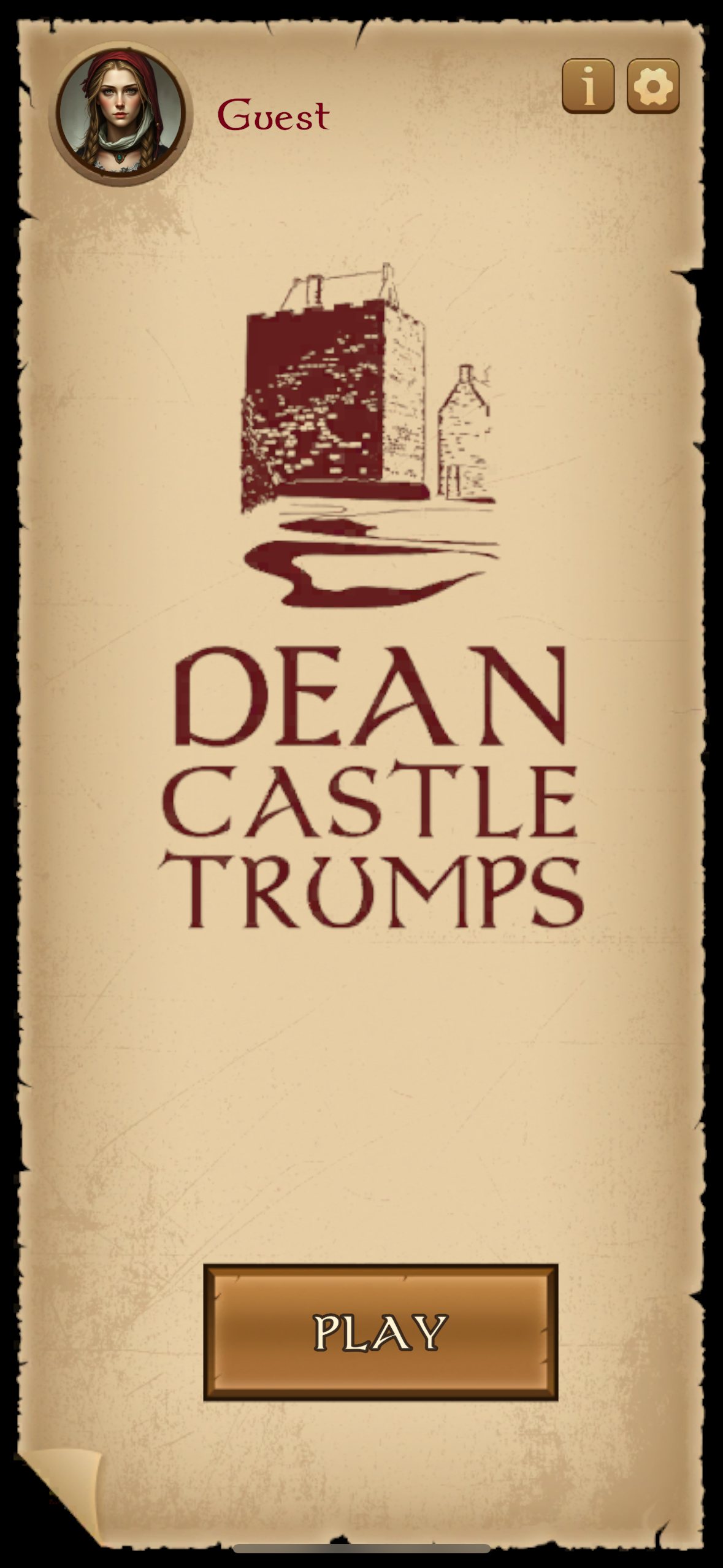 Start screen of Dean Castle Trumps mobile app showing a stylised castle illustration, user avatar labelled Guest, and a Play button on parchment-style background