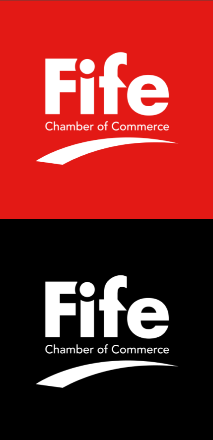Fife Chamber of Commerce logo in white text with a curved underline on red and black backgrounds