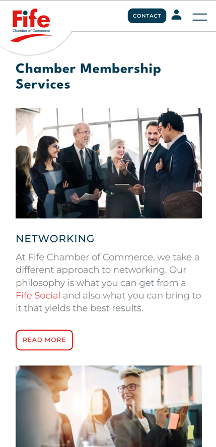 Mobile website page showing Fife Chamber of Commerce membership services including networking with a group of business professionals engaged in discussion