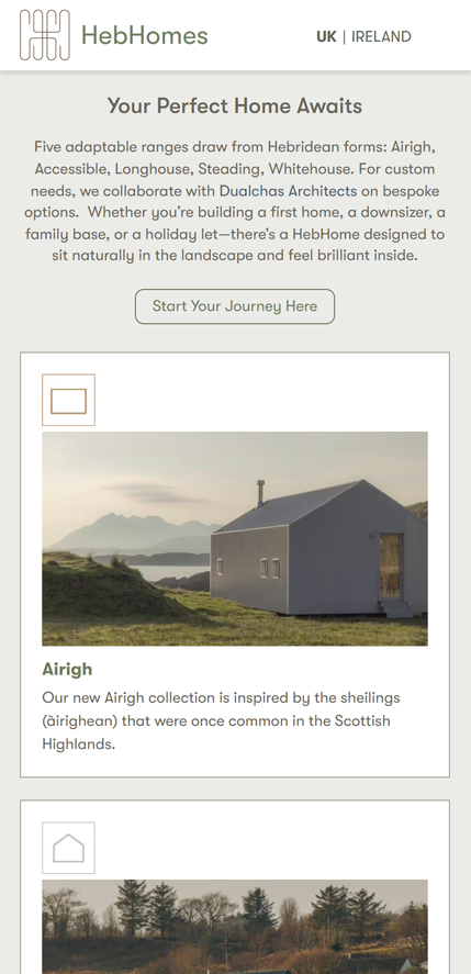 Mobile view of HebHomes website showing adaptable home designs including Airigh inspired by Scottish Highlands, set in natural landscapes