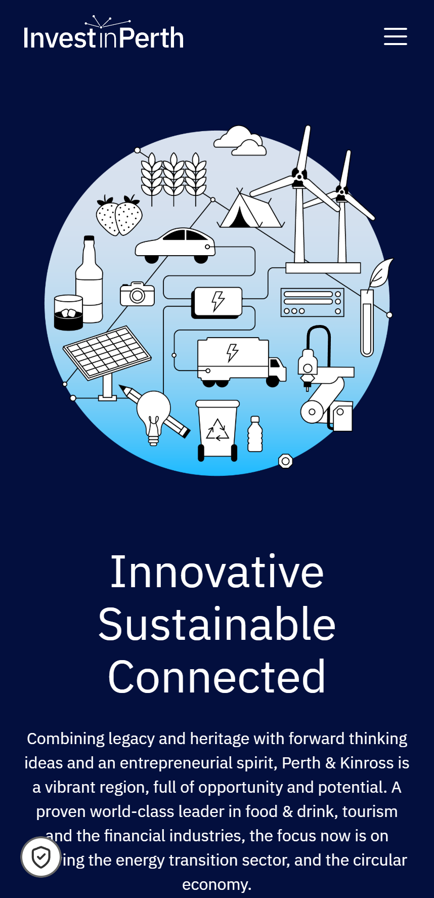 Diagram of sustainable and innovative industries including renewable energy, recycling, food, and technology on Invest in Perth website mobile view with text about regional opportunity and energy transition