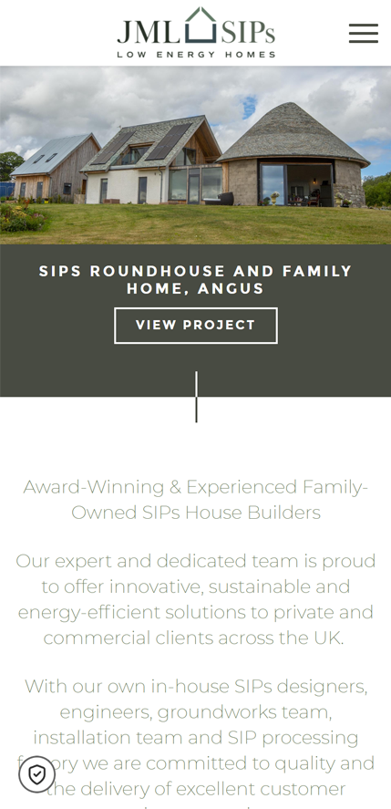 Mobile website view showing JML SIPS homepage with a roundhouse and family home project in Angus under cloudy sky