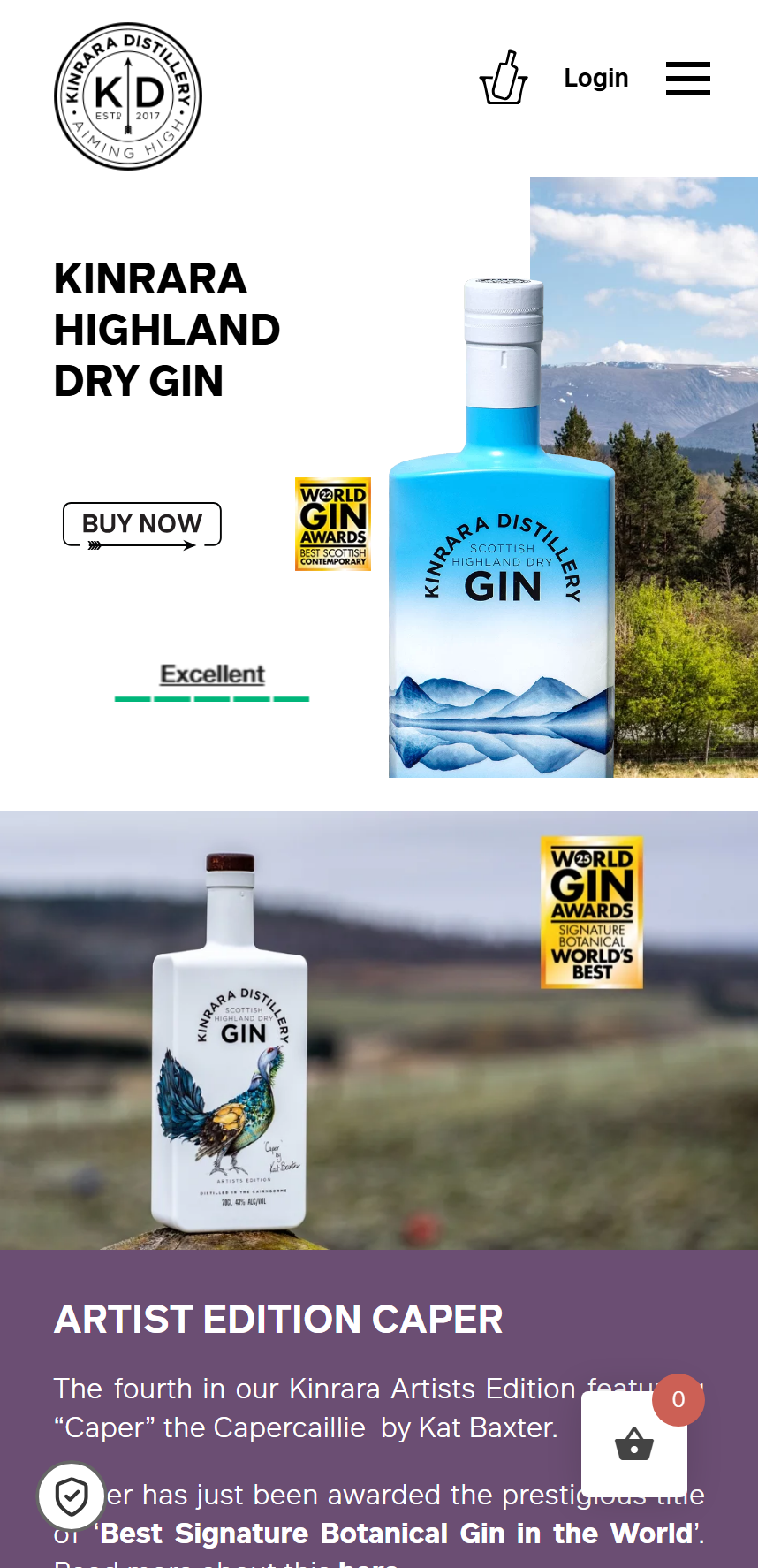 Mobile website view showing Kinrara Distillery Highland Dry Gin bottle with scenic highland background and Artist Edition Caper gin bottle with award badges