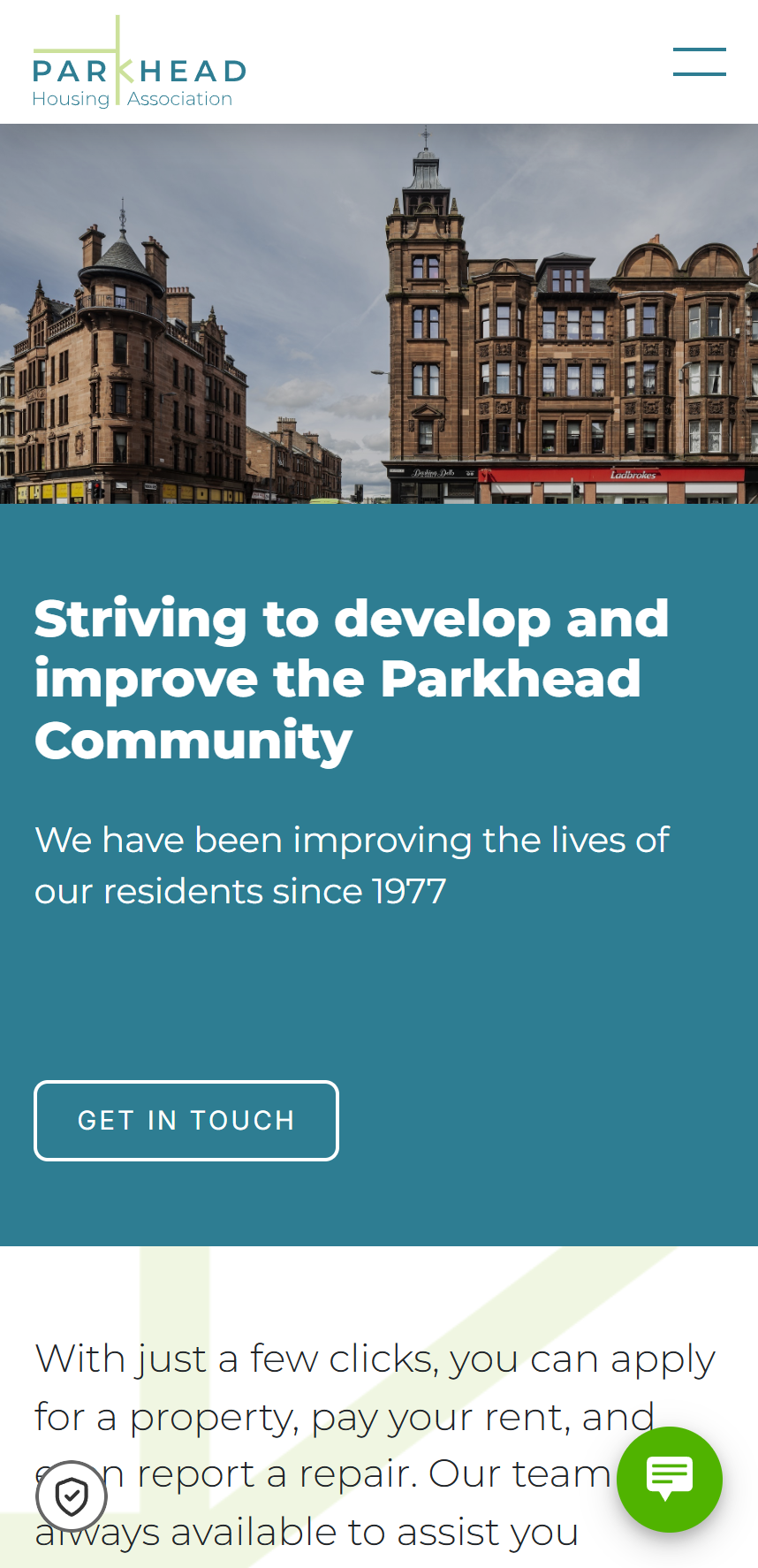 Mobile view of the Parkhead Housing Association website homepage with community-focused mission statement and historic building image