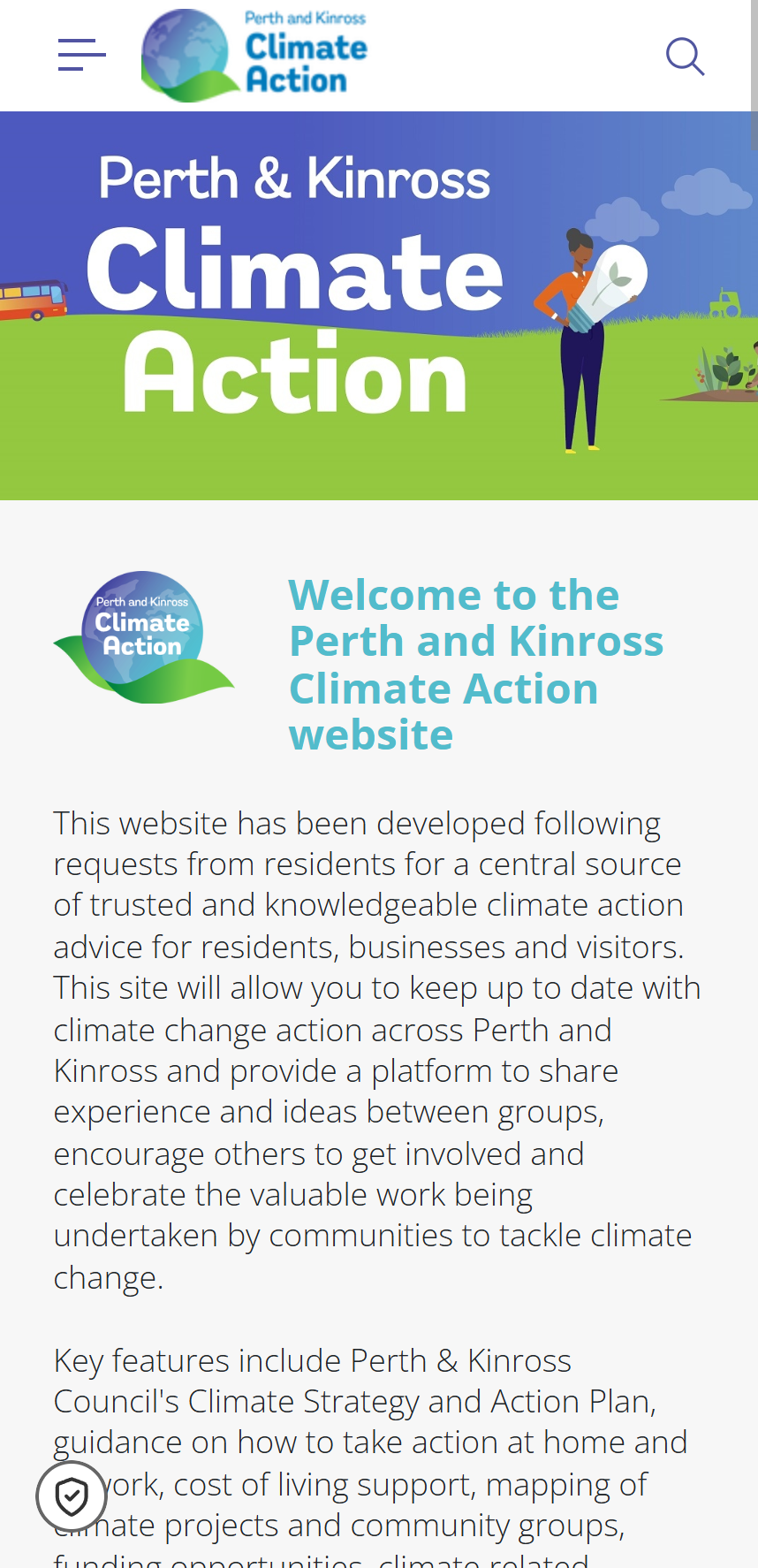 Mobile view of Perth & Kinross Climate Action website homepage showing the logo, a banner with a person holding a light bulb, and introductory text about the website's climate action information