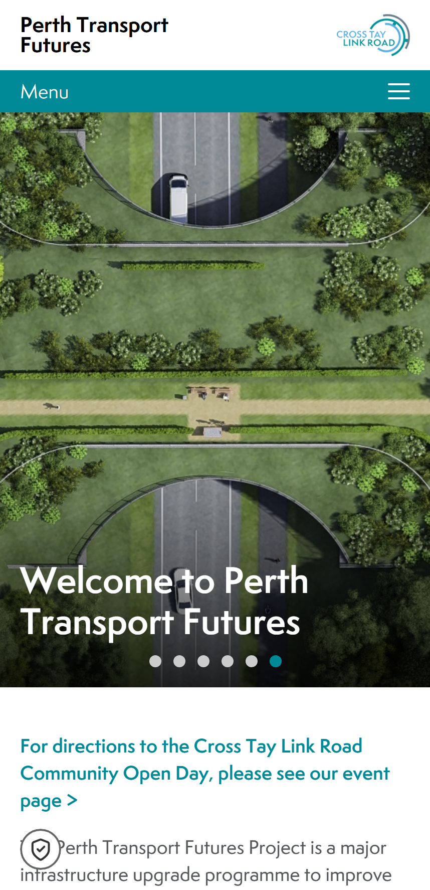 Mobile website view showing Perth Transport Futures homepage with an aerial illustration of the Cross Tay Link Road and green landscaped areas