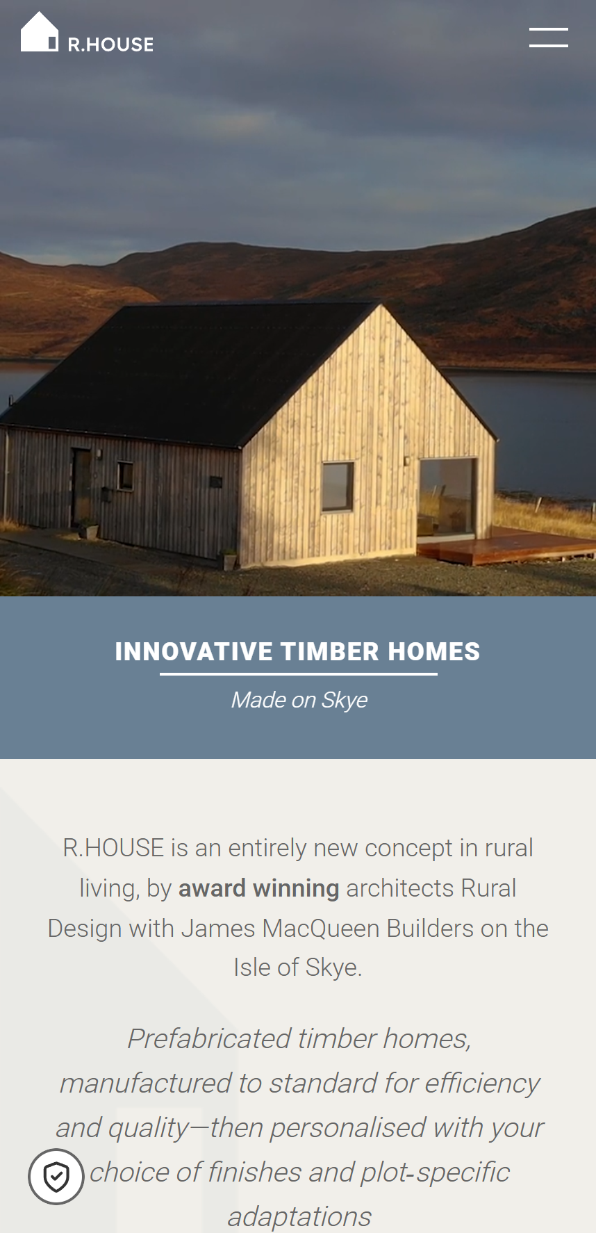 Mobile website view showing a timber prefab home by R.HOUSE on a rural landscape on the Isle of Skye