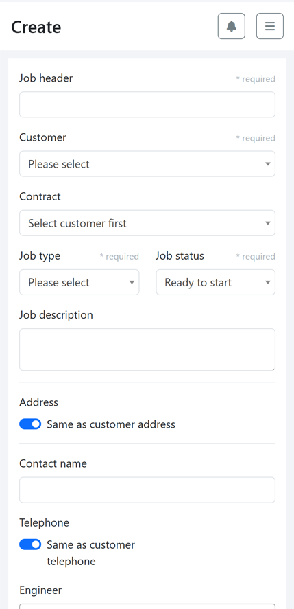 Mobile interface of RL Rattray bespoke work tracking system showing job creation form with fields for job header, customer, contract, job type, status, description, address, contact name, telephone, and engineer