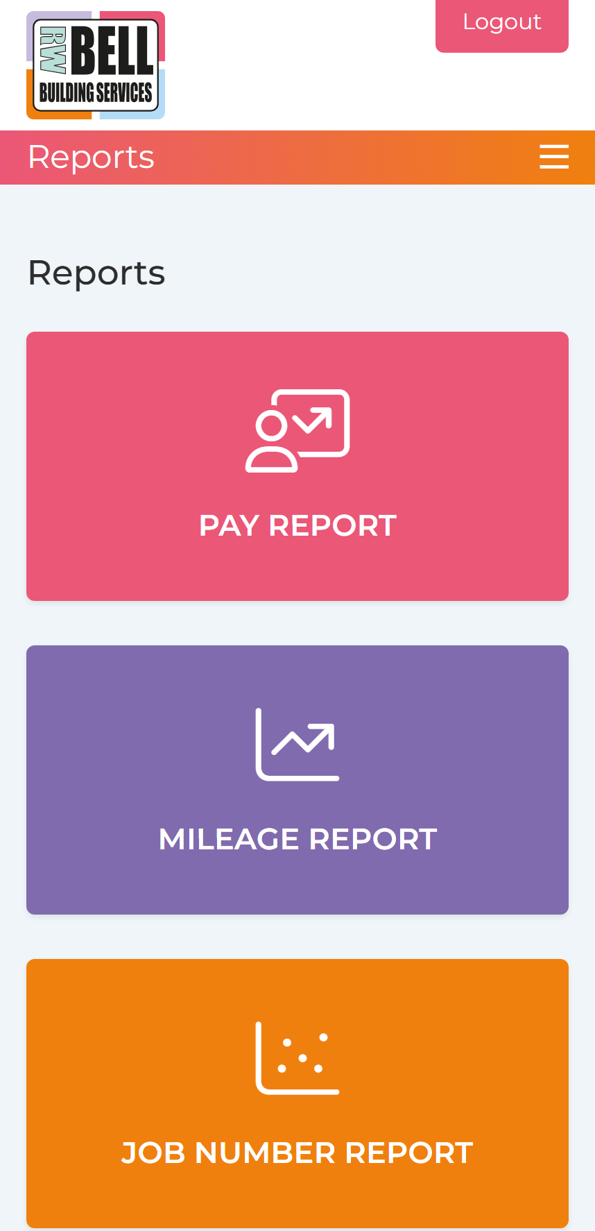 Mobile interface showing RW Bell Building Services work tracking system with report options including pay report, mileage report, and job number report