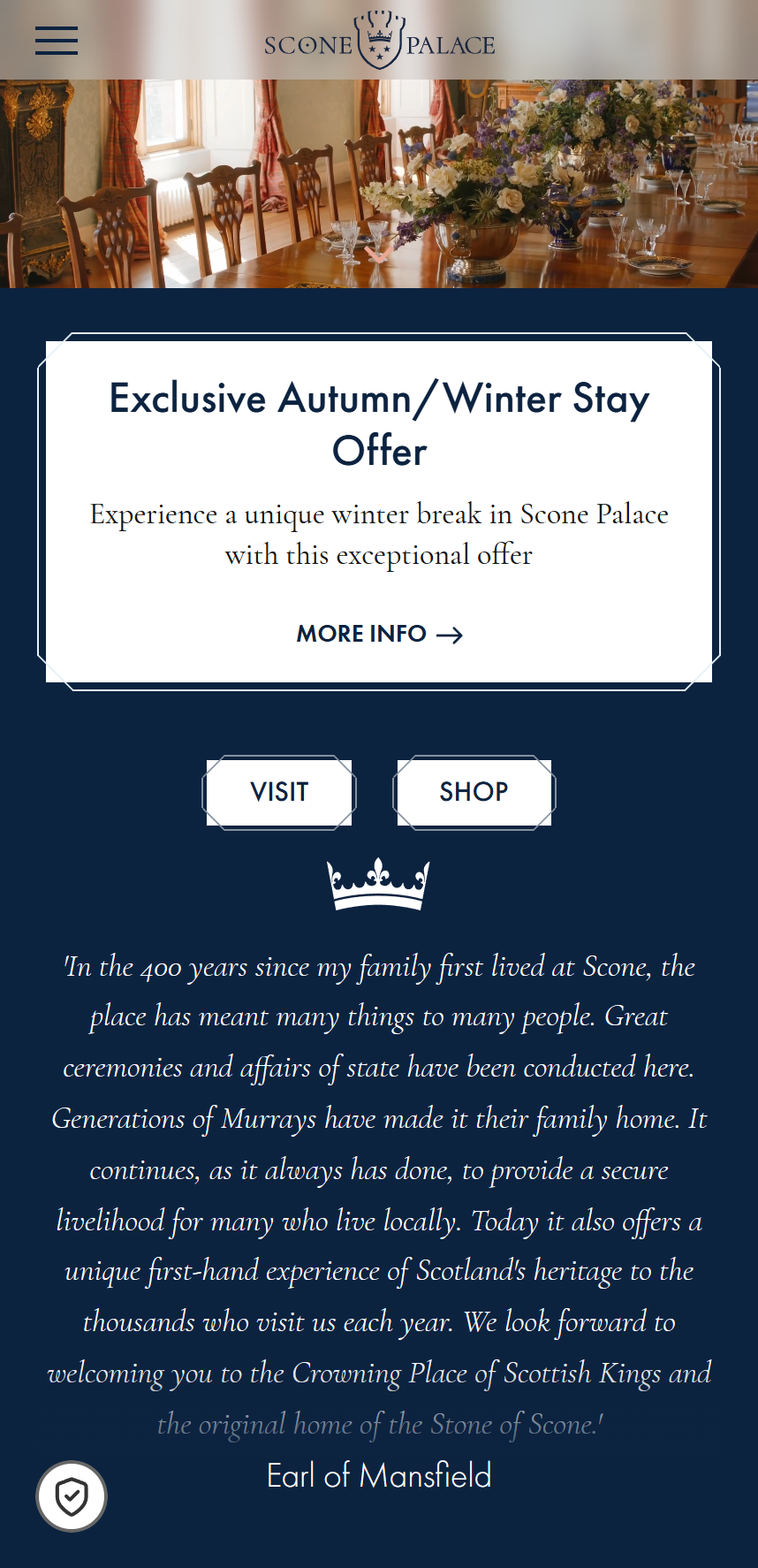 Mobile website homepage of Scone Palace showing dining room image, autumn/winter stay offer, visit and shop buttons, and Earl of Mansfield quote about the Palace's heritage