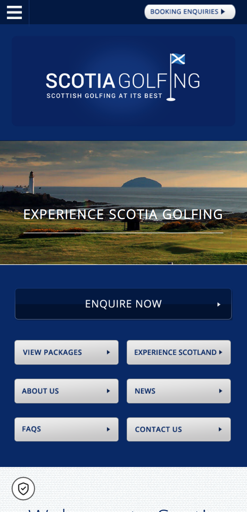 Mobile website homepage for Scotia Golfing featuring logo, scenic golf course landscape, and navigation buttons for enquiries, packages, Scotland experience, news, FAQs, and contact