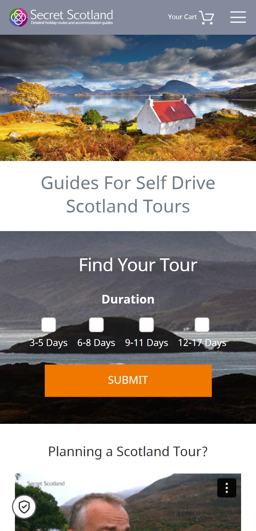 Secret Scotland mobile website interface showing a scenic loch and hillside, with options to select tour durations from 3-5 to 12-17 days and a submit button for planning self-drive tours