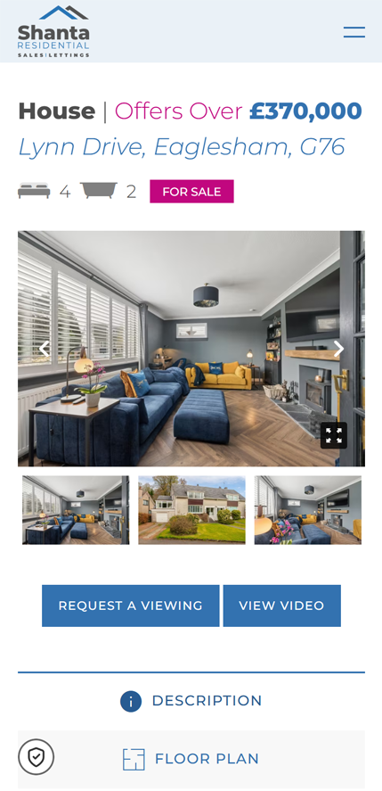 Mobile website view showing a house for sale at Lynn Drive, Eaglesham with images of the living room, price, and property details on Shanta Residential site