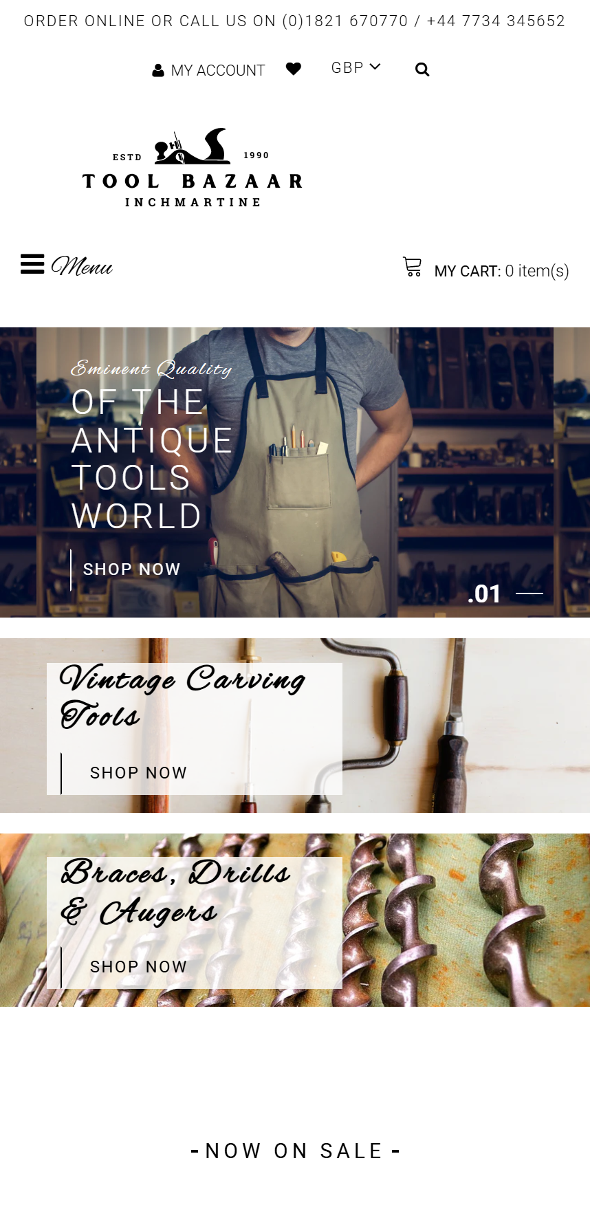 Mobile view of Tool Bazaar Shopify store homepage showing navigation, logo, and promotional banners for antique tools