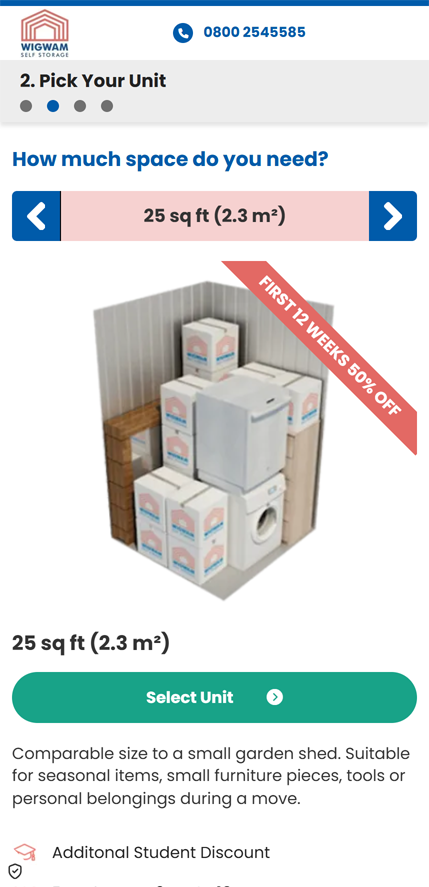 Mobile website screenshot showing selection of 25 sq ft storage unit with boxes and appliances packed, plus first 12 weeks 50% off offer banner