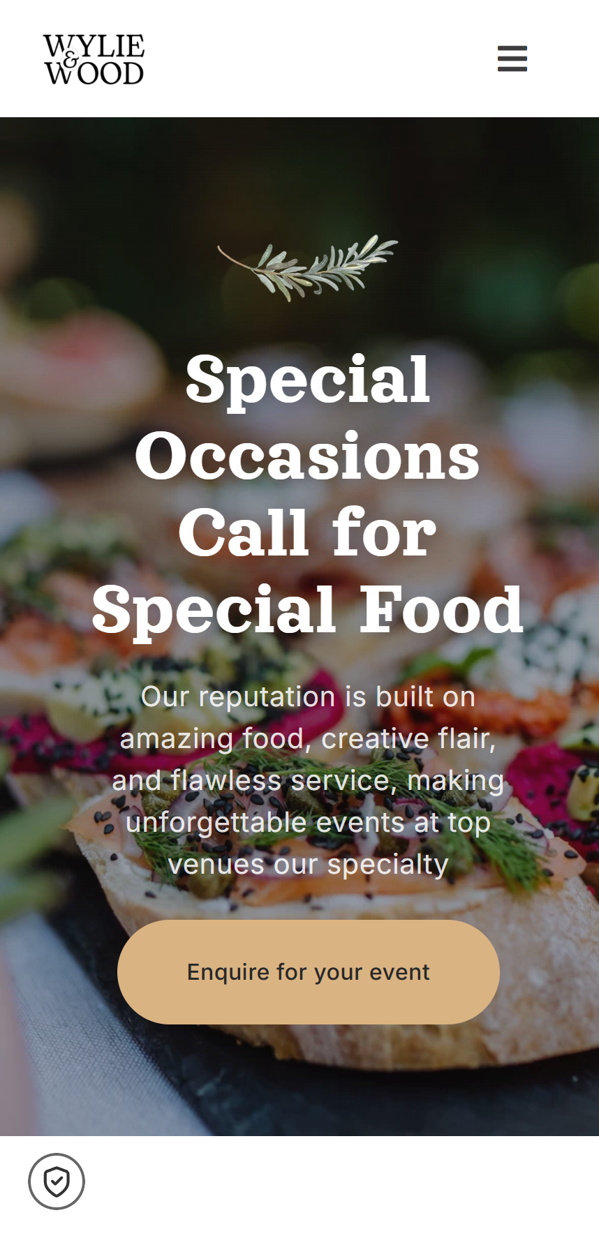 Mobile website homepage showing Special Occasions message with food background and enquiry button