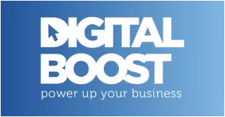 Digital Boost logo with the tagline power up your business on a blue gradient background