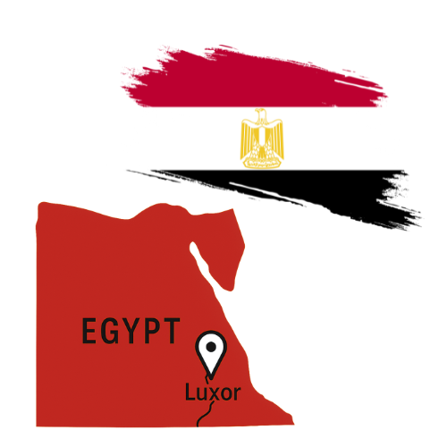 Map outline of Egypt highlighting Luxor with a location marker and the Egyptian flag above