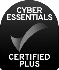 Black and white logo reading Cyber Essentials Certified Plus with a large tick mark