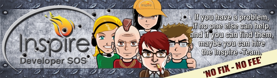 Banner showing cartoon characters representing the Inspire Developer SOS team with text offering help and no fix no fee guarantee