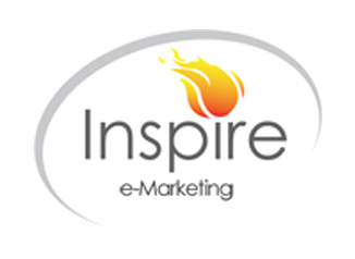 Inspire e-Marketing logo with grey text, orange flame icon, and oval outline on white background