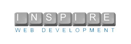 Grey block letters spelling INSPIRE above blue text reading Web Development