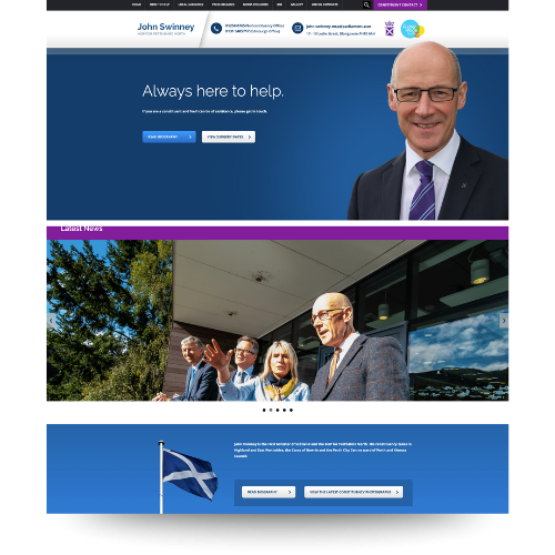 Portrait of John Swinney wearing glasses and a suit against a blue background with text offering help