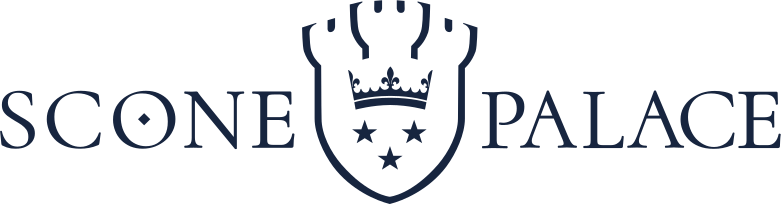Logo of Scone Palace featuring a crowned shield with stars and the text Scone Palace