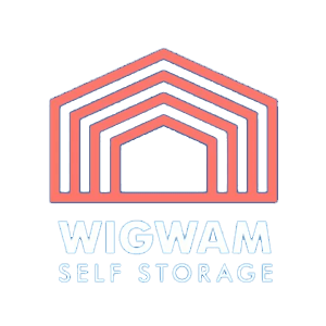 Wigwam Self Storage logo with stylised stacked lines forming a house shape in red and blue
