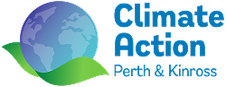 Logo of PK Climate Action showing a globe with blue and green elements and the text 'Climate Action Perth & Kinross'