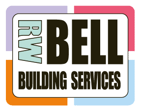 Logo for RW Bell Building Services featuring black, brown, blue, and orange colours
