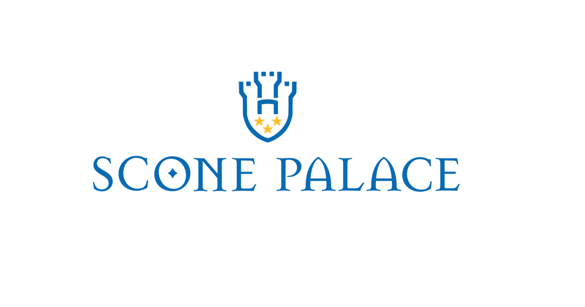 Scone Palace logo with blue text and castle emblem with three gold stars