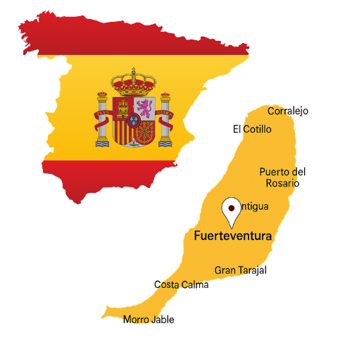 Map of Fuerteventura island with key locations and a pin marking Fuerteventura, alongside the flag of Spain
