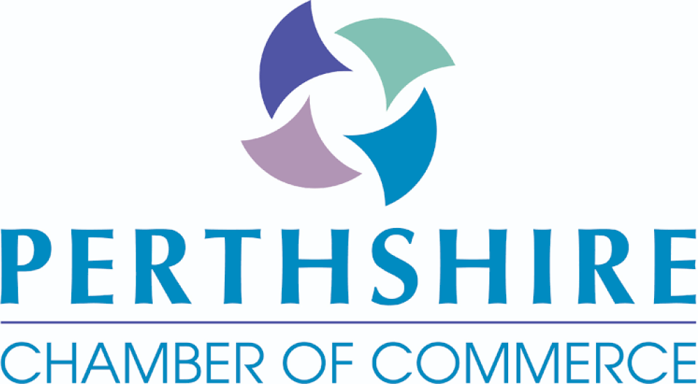 Logo with four curved shapes in blue and purple shades above the text 'Perthshire Chamber of Commerce'