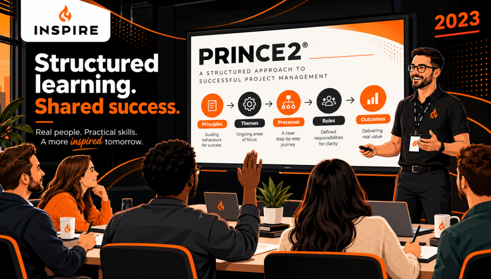 Group of students participating in an Inspire workshop about project management and PRINCE2 principles