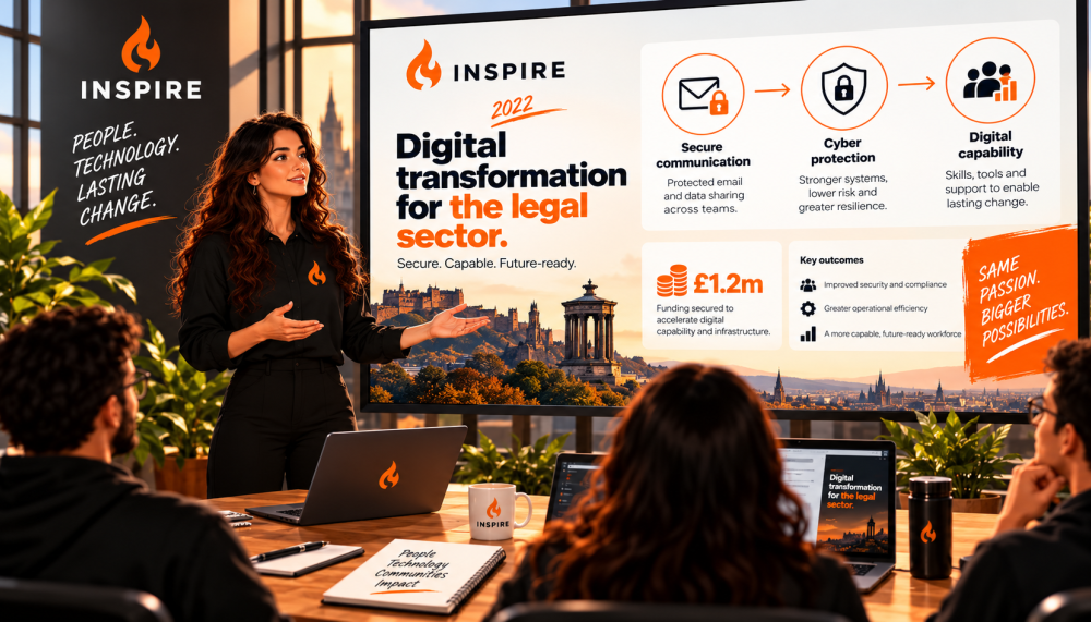 Corporate presentation screen displaying digital transformation, funding and business-development concepts