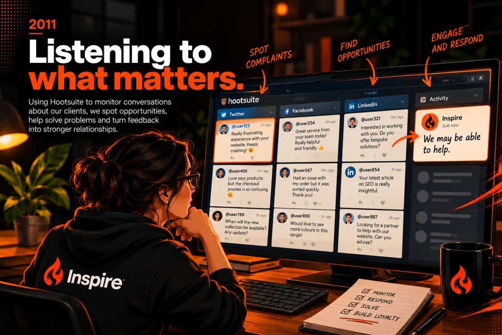 Social media monitoring dashboard showing Inspire identifying and responding to businesses with website problems