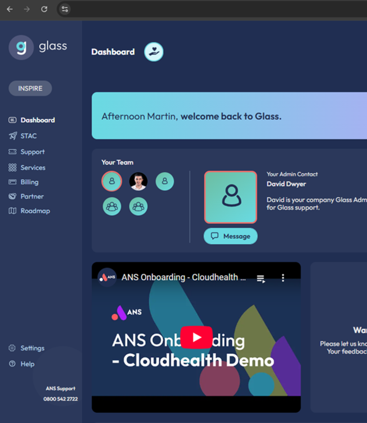 Dashboard interface showing user management icons, team overview with user photos, admin contact details, and embedded ANS onboarding video