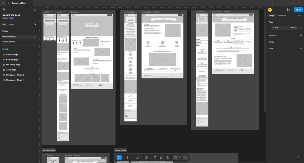 Wireframe designs for the Queens and Bees website showing mobile and desktop layouts including homepage, about, and product pages with content structure and navigation elements.