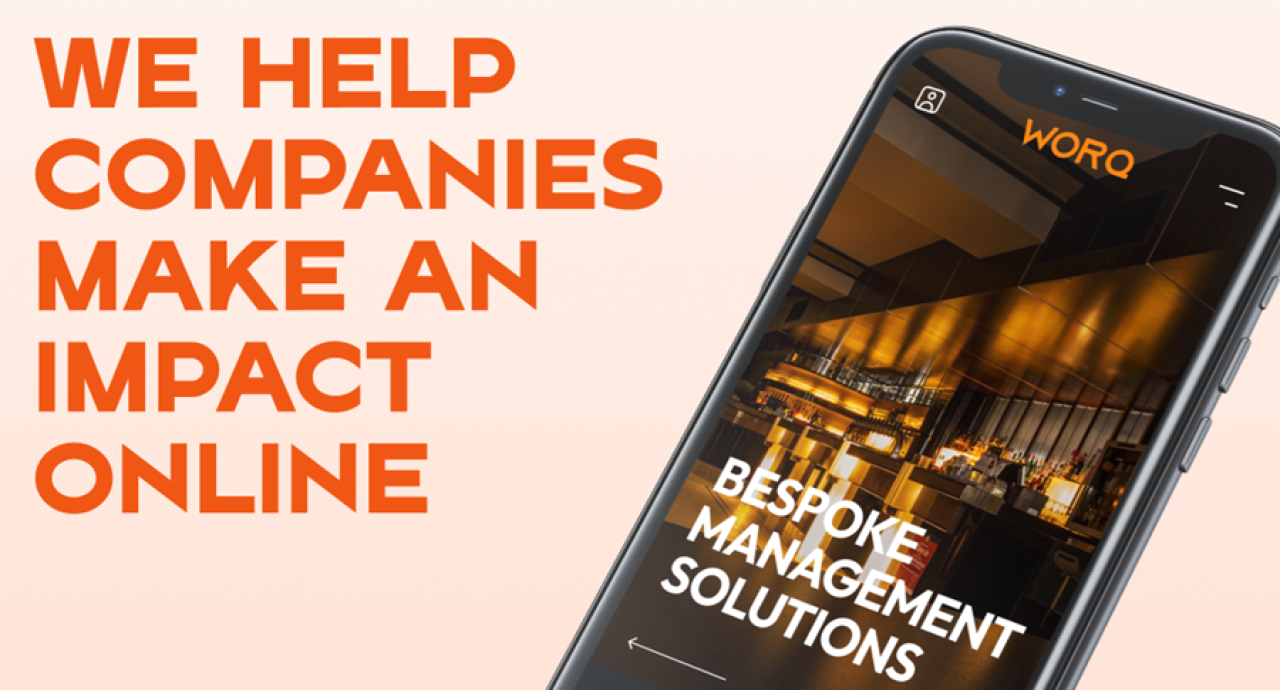 Mobile phone screen showing Worq website with bespoke management solutions text alongside bold orange text 'We help companies make an impact online'