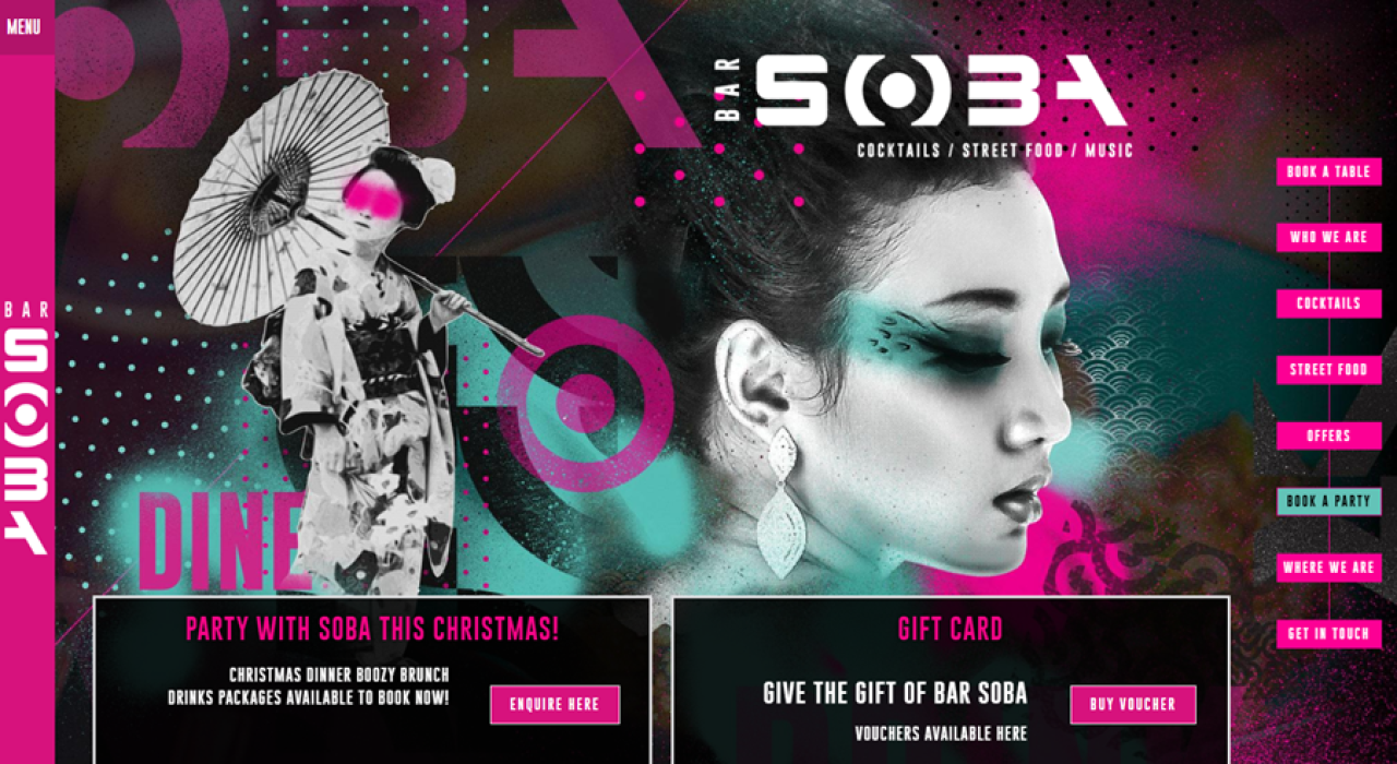 Website banner for Bar Soba featuring stylised portraits with bright pink and teal accents and restaurant branding