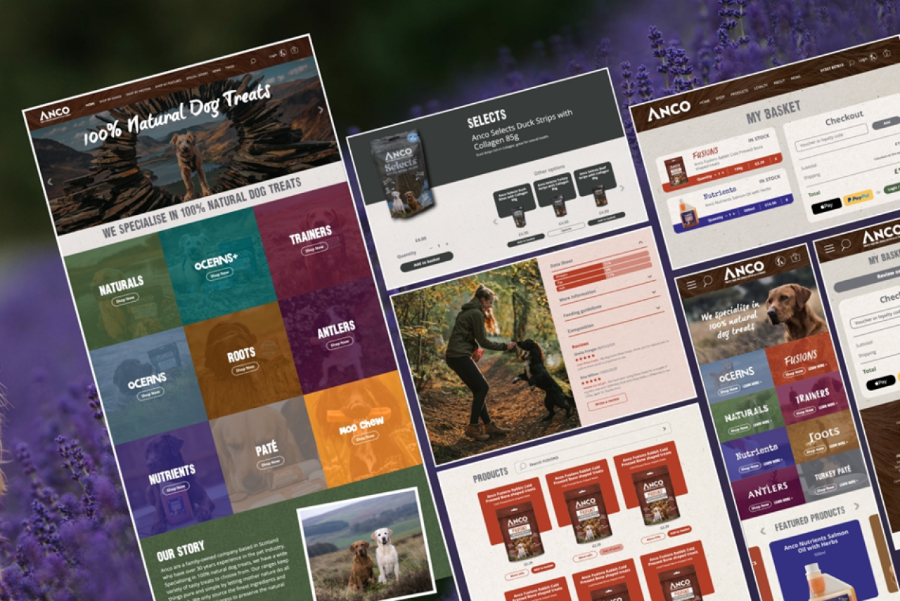 Screenshots of ANCO ecommerce website showing product categories, product details, and checkout basket pages with natural dog treats