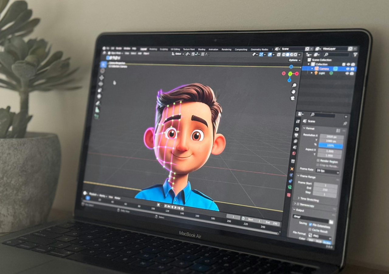 Laptop screen displaying a 3D animated character model with facial rigging in a design software interface