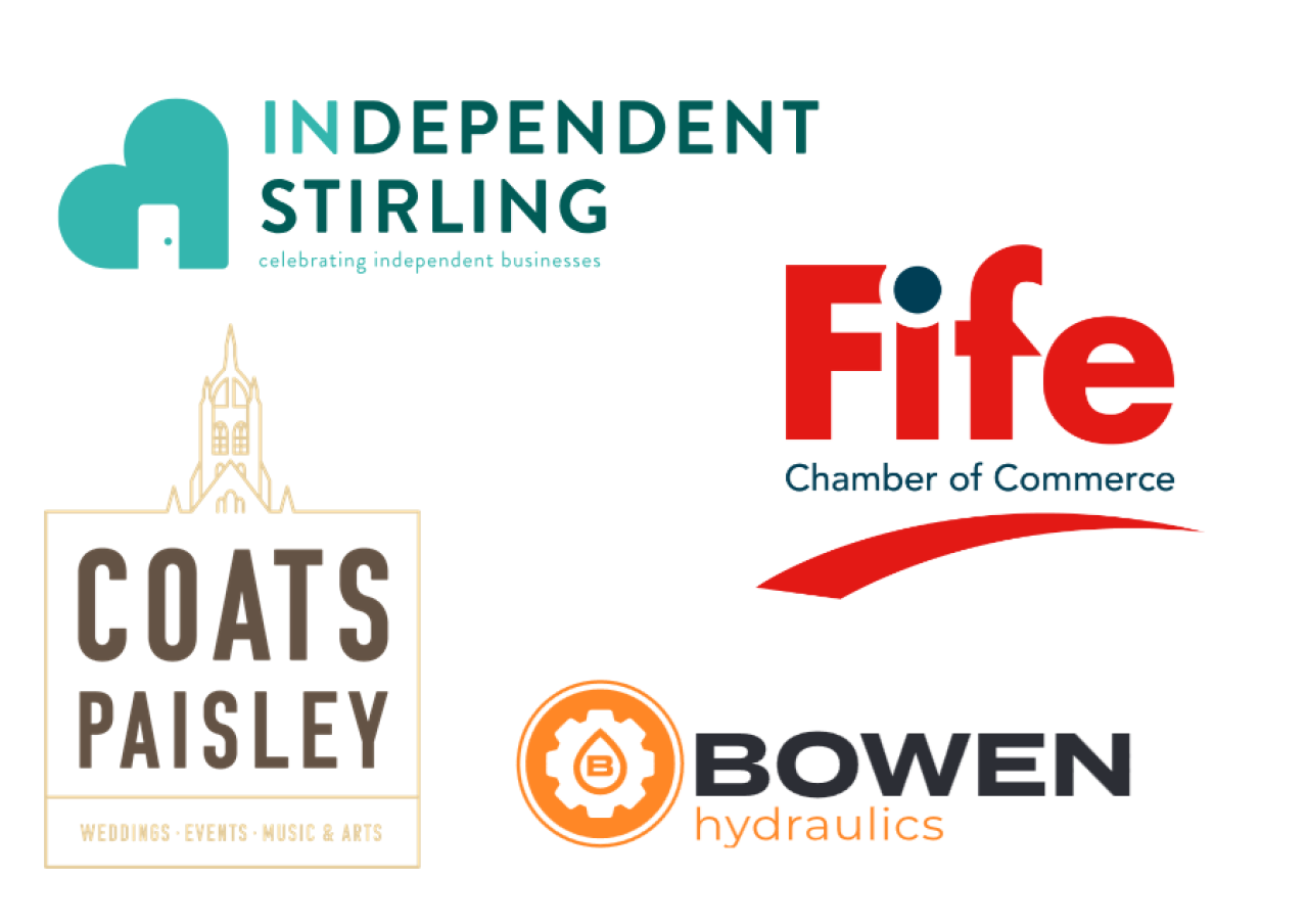 Logos of Independent Stirling, Fife Chamber of Commerce, Coats Paisley, and Bowen Hydraulics representing clients of Inspire branding and logo design service