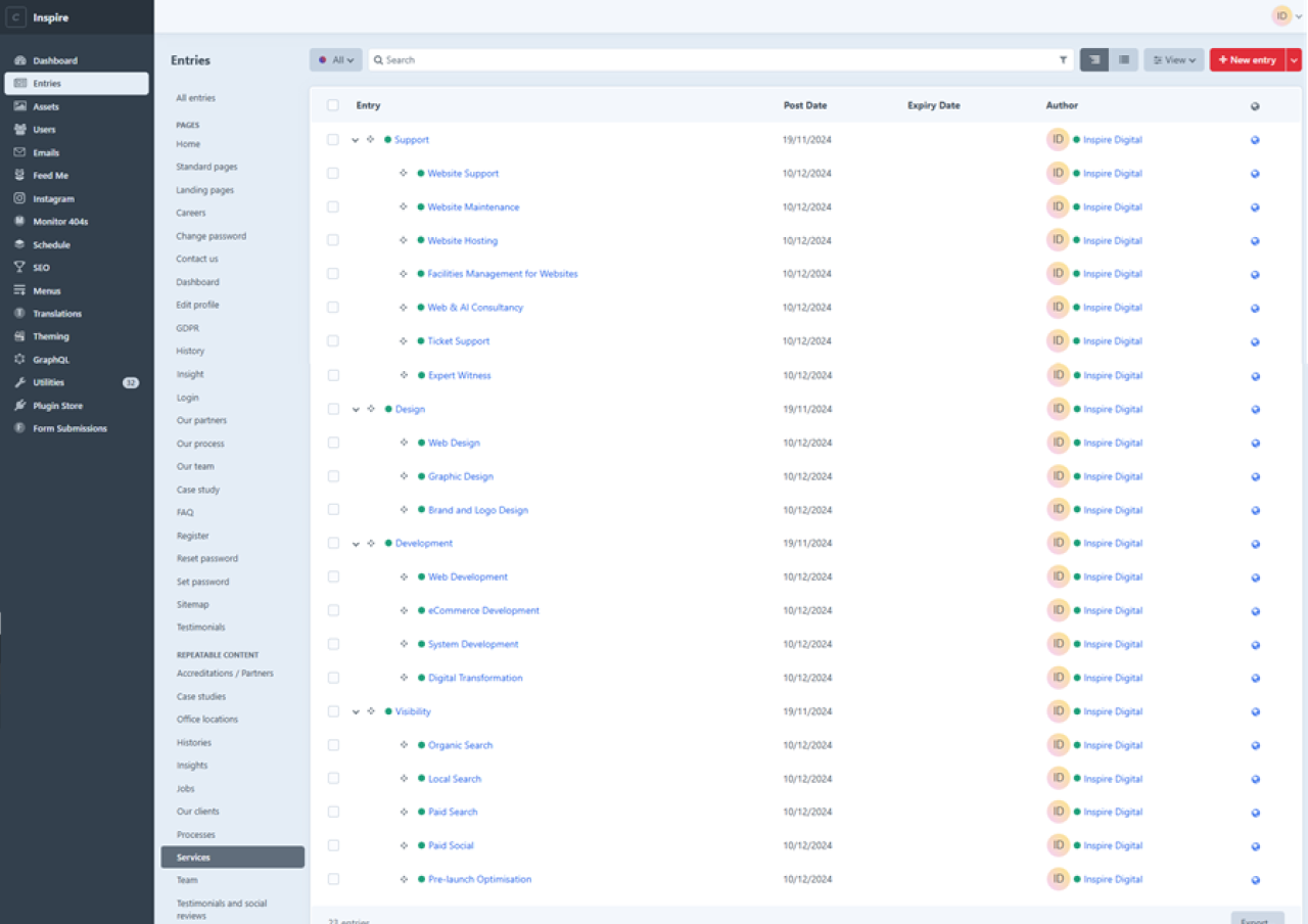Craft CMS control panel displaying the entries management section with various services categorized under Support, Design, Development, and Visibility.