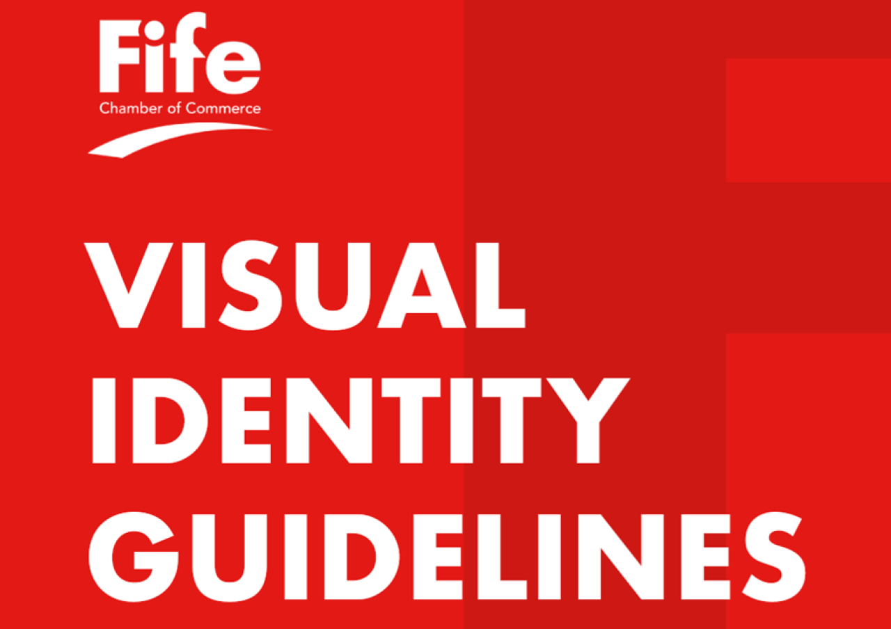 Cover of Fife Chamber of Commerce visual identity guidelines with bold white text on red background