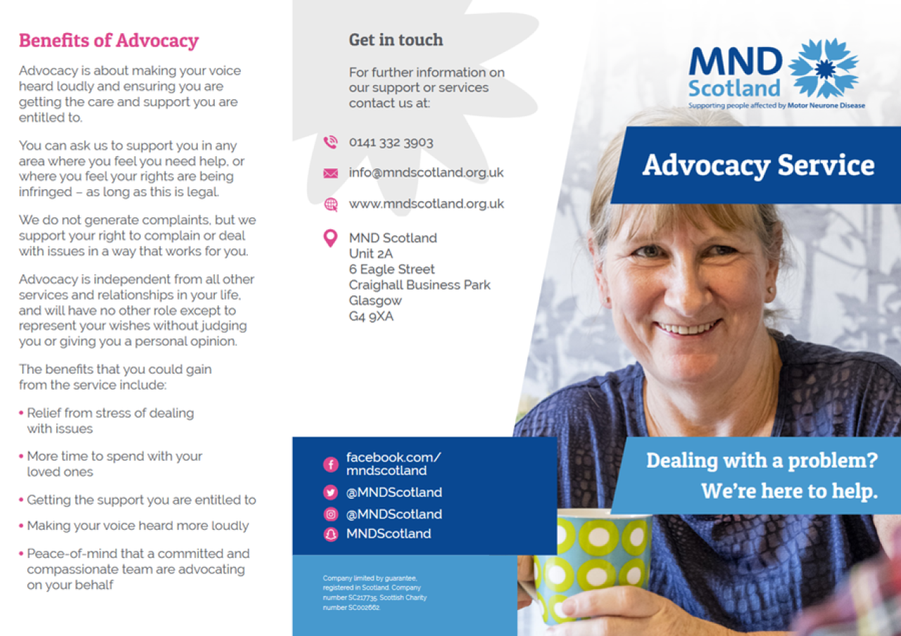 MND Scotland Advocacy Service flyer with contact details and information on advocacy benefits, showing a smiling woman holding a cup