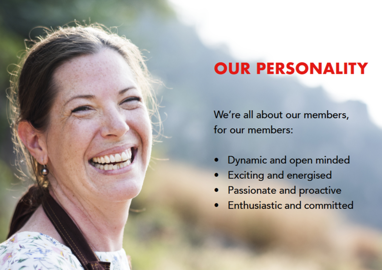 Smiling woman outdoors with a branding statement listing company personality traits: dynamic, exciting, passionate and enthusiastic