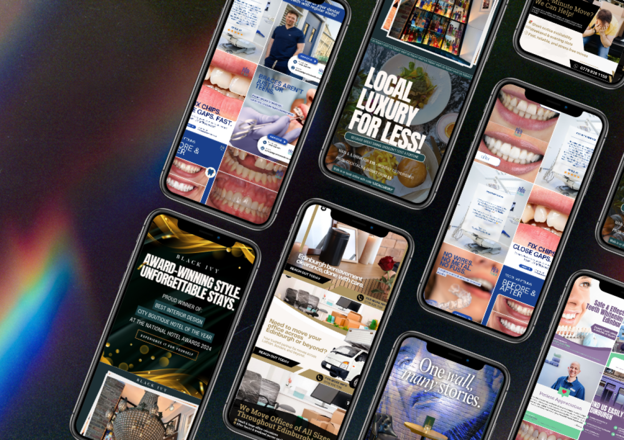 Grid of mobile phones displaying various social media graphic designs including promotional posts, dental care ads, and service announcements showcasing different styles and layouts.