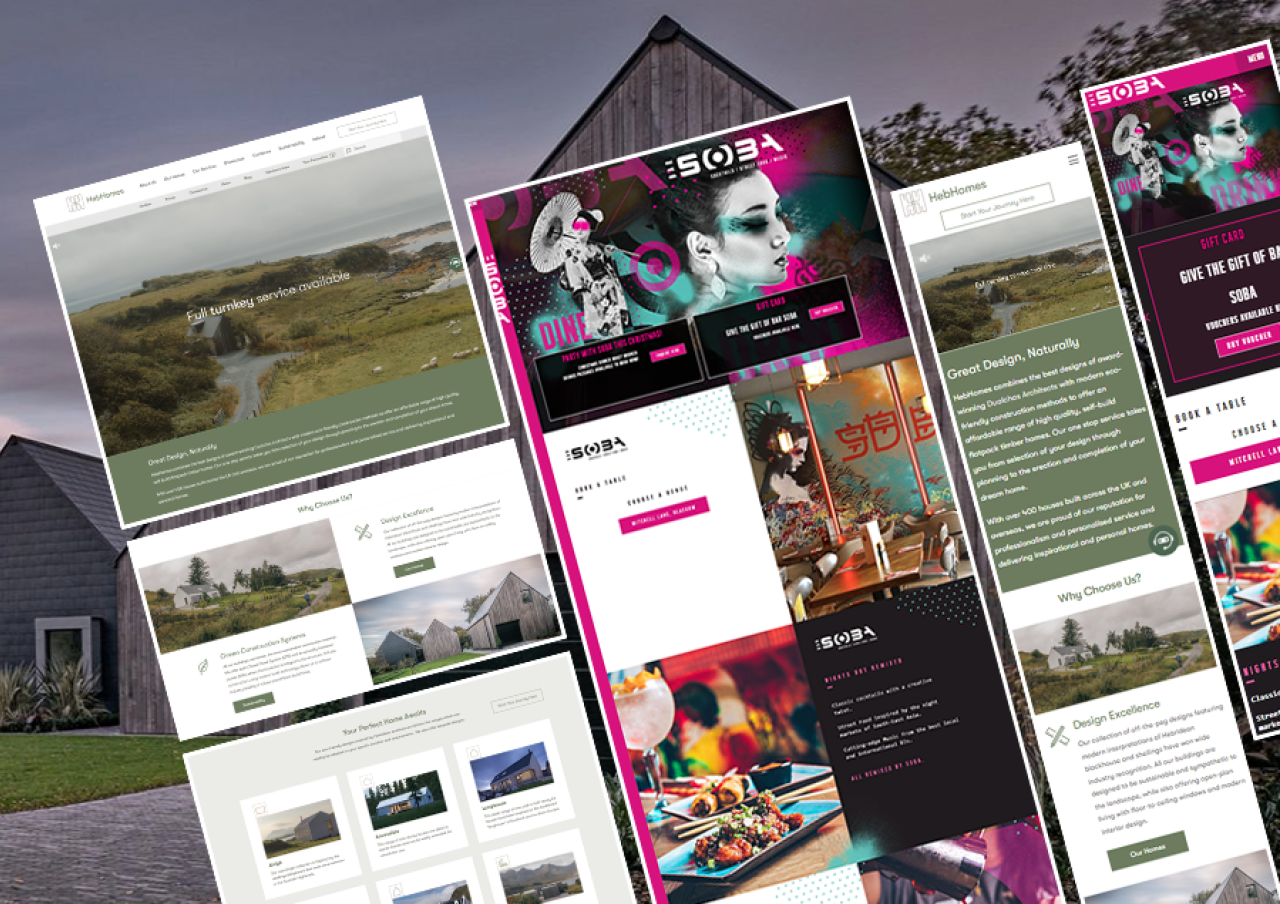 Layered portfolio layout showing website design mockups featuring various web pages with modern and artistic styles.